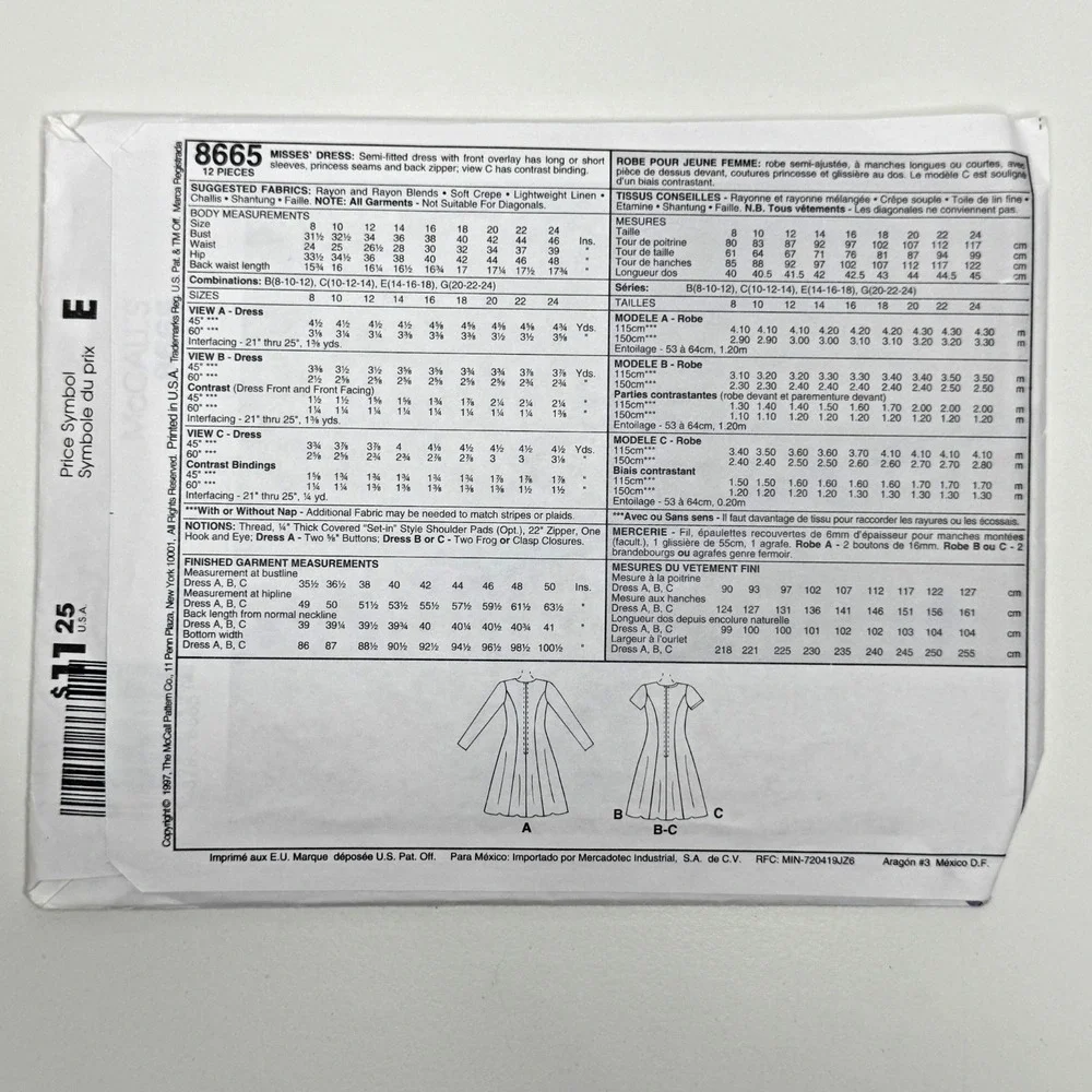 McCALLS‎ 8665 Uncut Sewing Pattern 8 10 12 Semi-Fitted Dress w. Overlay Vtg 90s